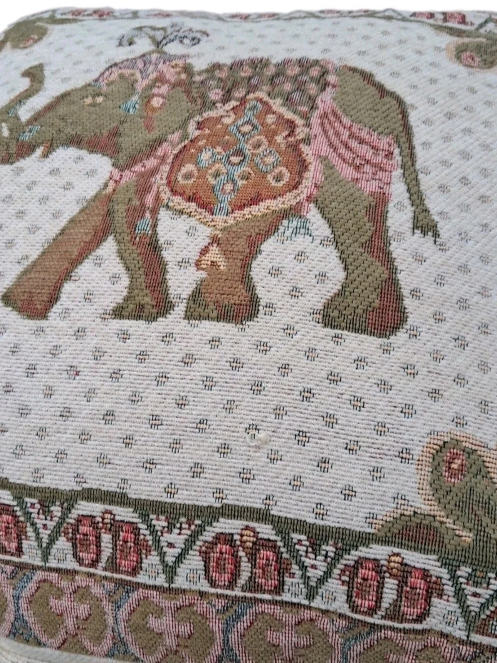 Embroidered Elephant Tapestry Pillow - Cream, Olive & Dusty Pink